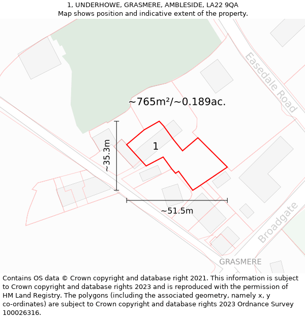 1, UNDERHOWE, GRASMERE, AMBLESIDE, LA22 9QA: Plot and title map