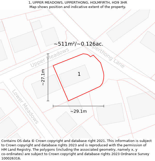 1, UPPER MEADOWS, UPPERTHONG, HOLMFIRTH, HD9 3HR: Plot and title map