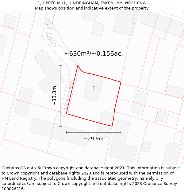 1, UPPER MILL, HINDRINGHAM, FAKENHAM, NR21 0NW: Plot and title map