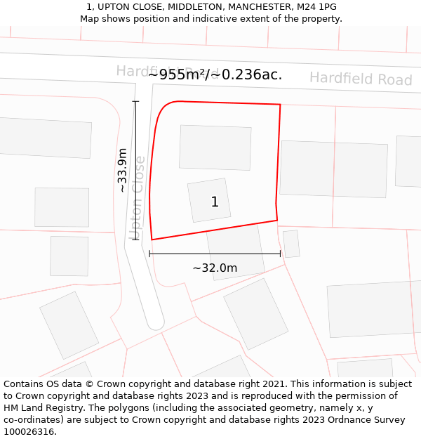 1, UPTON CLOSE, MIDDLETON, MANCHESTER, M24 1PG: Plot and title map