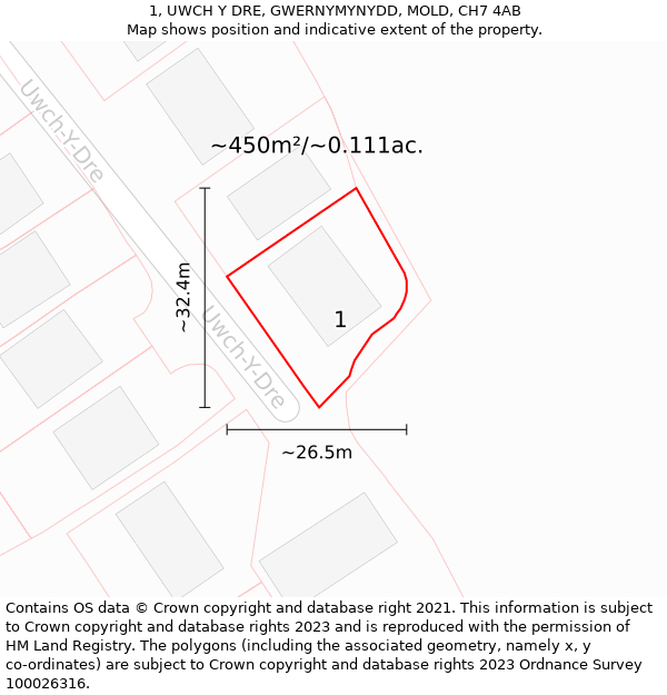 1, UWCH Y DRE, GWERNYMYNYDD, MOLD, CH7 4AB: Plot and title map