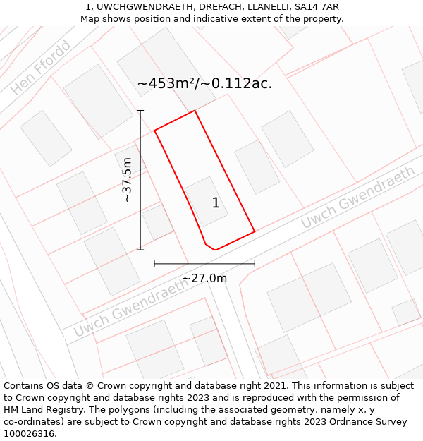 1, UWCHGWENDRAETH, DREFACH, LLANELLI, SA14 7AR: Plot and title map