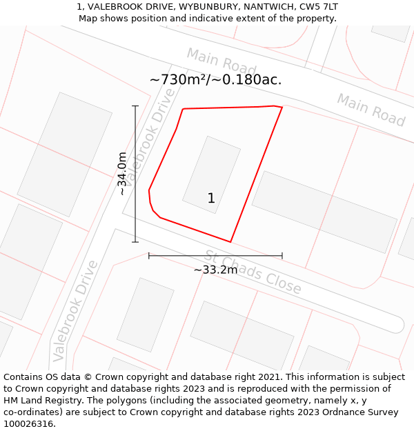 1, VALEBROOK DRIVE, WYBUNBURY, NANTWICH, CW5 7LT: Plot and title map