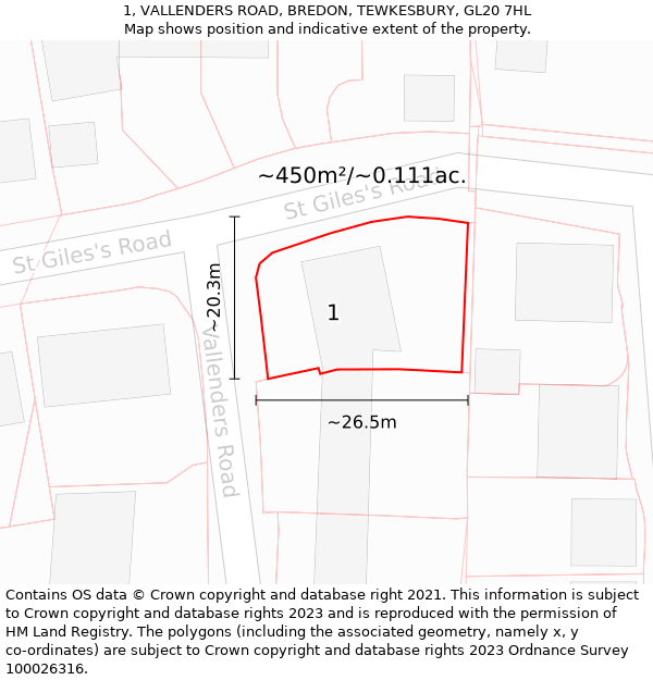 1, VALLENDERS ROAD, BREDON, TEWKESBURY, GL20 7HL: Plot and title map