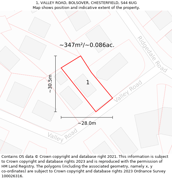 1, VALLEY ROAD, BOLSOVER, CHESTERFIELD, S44 6UG: Plot and title map