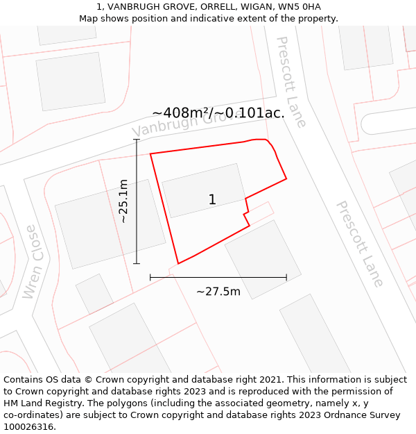 1, VANBRUGH GROVE, ORRELL, WIGAN, WN5 0HA: Plot and title map