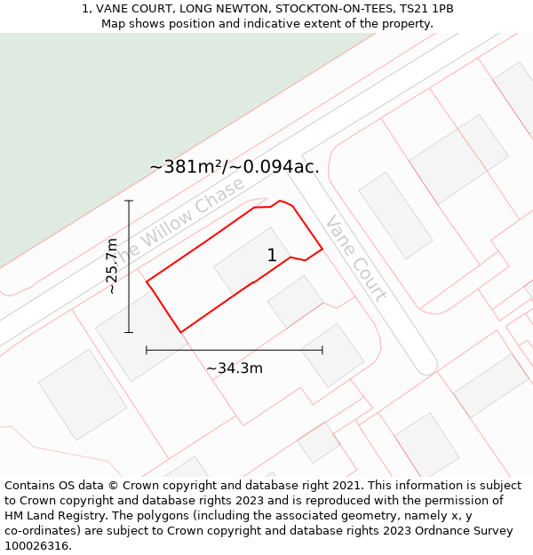 1, VANE COURT, LONG NEWTON, STOCKTON-ON-TEES, TS21 1PB: Plot and title map