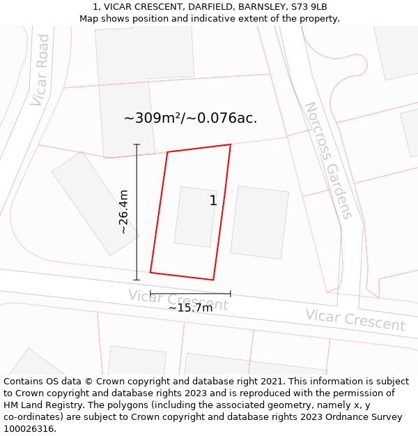 1, VICAR CRESCENT, DARFIELD, BARNSLEY, S73 9LB: Plot and title map