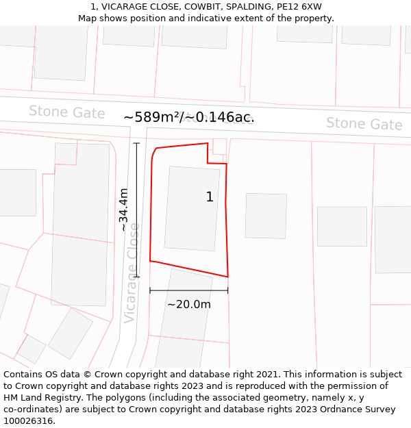 1, VICARAGE CLOSE, COWBIT, SPALDING, PE12 6XW: Plot and title map