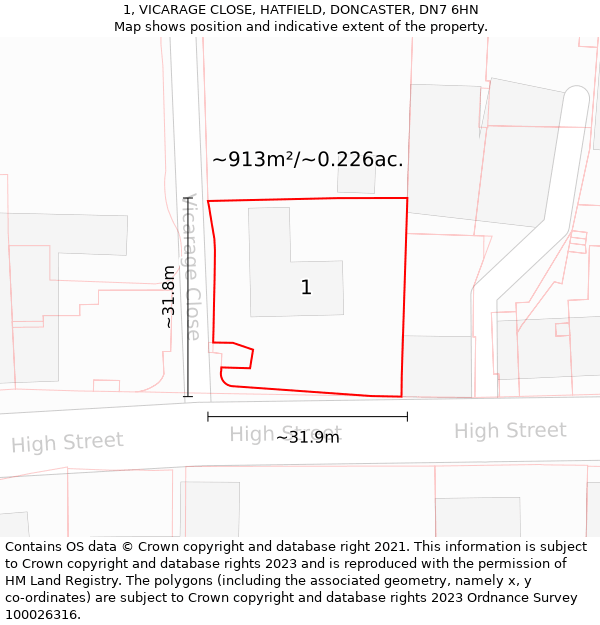 1, VICARAGE CLOSE, HATFIELD, DONCASTER, DN7 6HN: Plot and title map