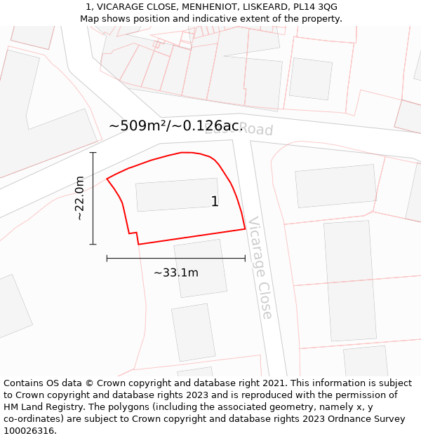 1, VICARAGE CLOSE, MENHENIOT, LISKEARD, PL14 3QG: Plot and title map