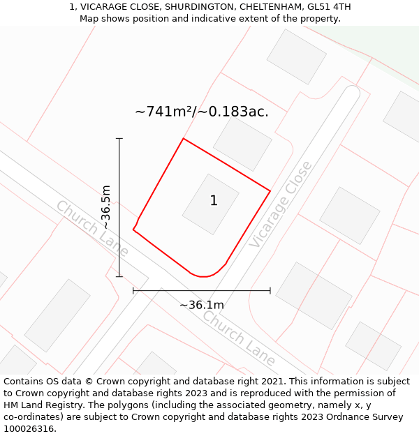 1, VICARAGE CLOSE, SHURDINGTON, CHELTENHAM, GL51 4TH: Plot and title map