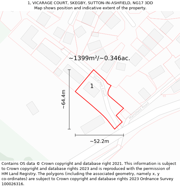 1, VICARAGE COURT, SKEGBY, SUTTON-IN-ASHFIELD, NG17 3DD: Plot and title map