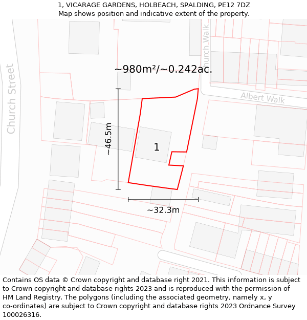 1, VICARAGE GARDENS, HOLBEACH, SPALDING, PE12 7DZ: Plot and title map