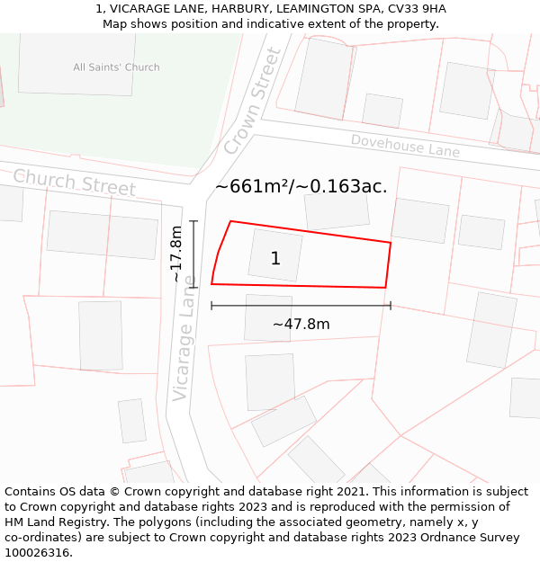 1, VICARAGE LANE, HARBURY, LEAMINGTON SPA, CV33 9HA: Plot and title map