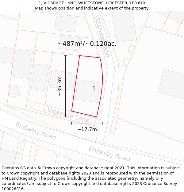1, VICARAGE LANE, WHETSTONE, LEICESTER, LE8 6YX: Plot and title map