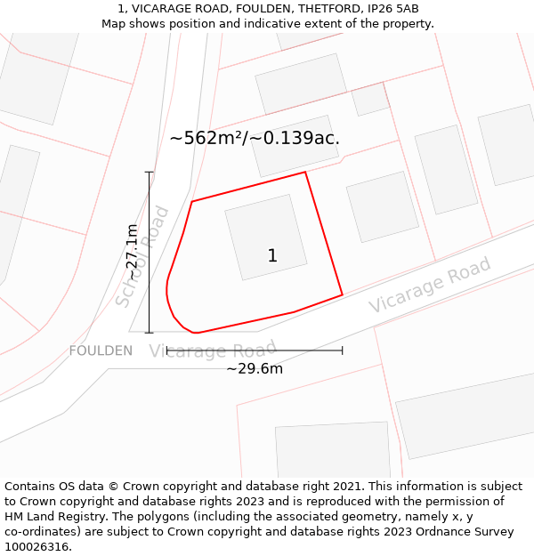 1, VICARAGE ROAD, FOULDEN, THETFORD, IP26 5AB: Plot and title map