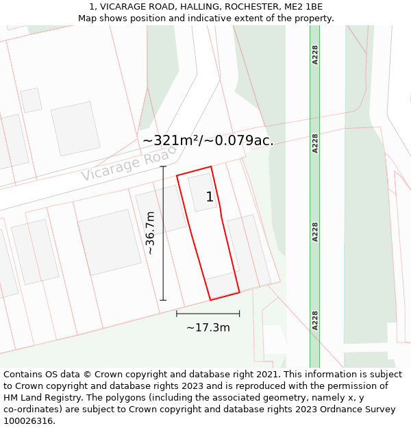 1, VICARAGE ROAD, HALLING, ROCHESTER, ME2 1BE: Plot and title map