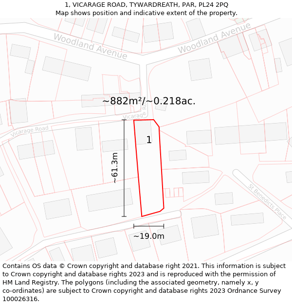 1, VICARAGE ROAD, TYWARDREATH, PAR, PL24 2PQ: Plot and title map