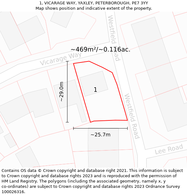 1, VICARAGE WAY, YAXLEY, PETERBOROUGH, PE7 3YY: Plot and title map