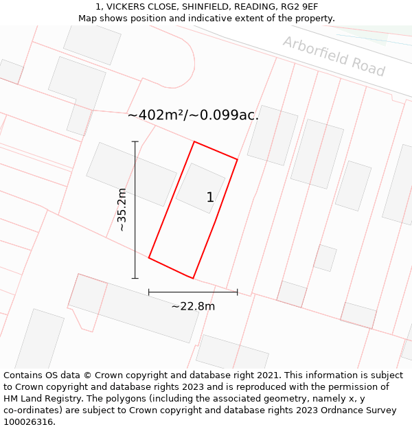 1, VICKERS CLOSE, SHINFIELD, READING, RG2 9EF: Plot and title map