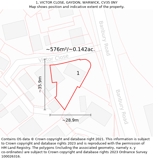 1, VICTOR CLOSE, GAYDON, WARWICK, CV35 0NY: Plot and title map