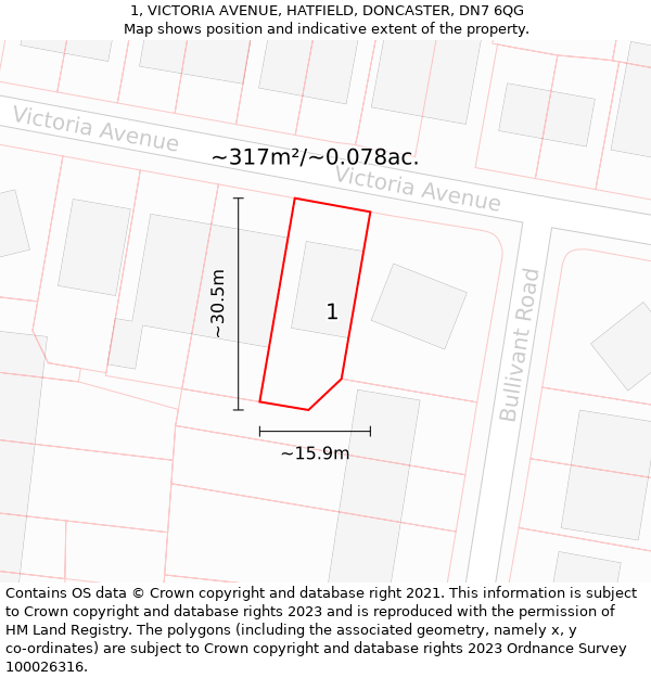 1, VICTORIA AVENUE, HATFIELD, DONCASTER, DN7 6QG: Plot and title map