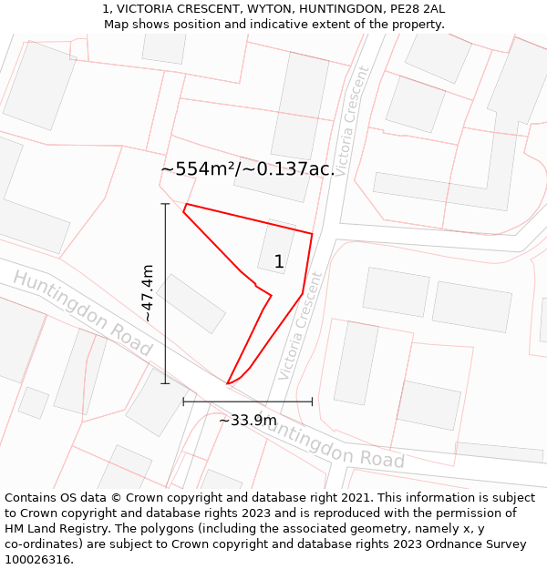 1, VICTORIA CRESCENT, WYTON, HUNTINGDON, PE28 2AL: Plot and title map