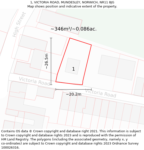 1, VICTORIA ROAD, MUNDESLEY, NORWICH, NR11 8JG: Plot and title map