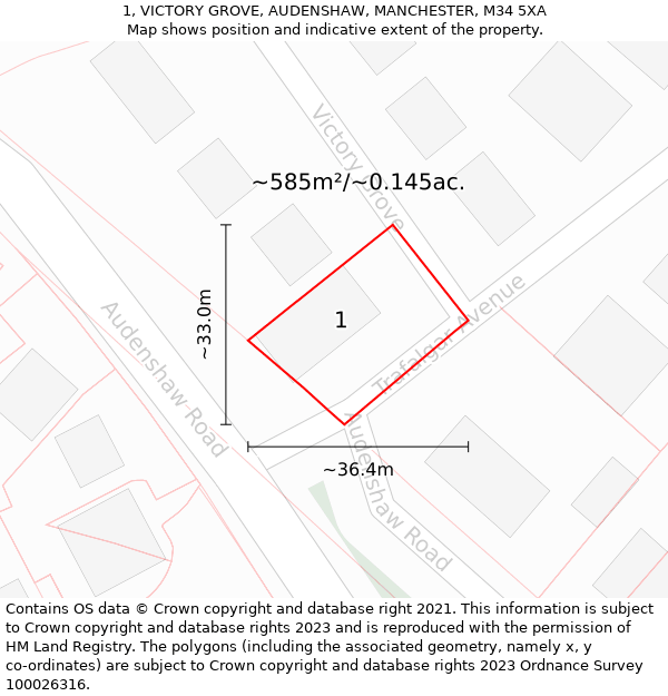 1, VICTORY GROVE, AUDENSHAW, MANCHESTER, M34 5XA: Plot and title map