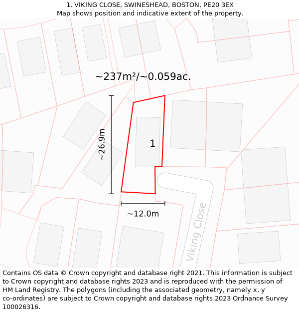 1, VIKING CLOSE, SWINESHEAD, BOSTON, PE20 3EX: Plot and title map