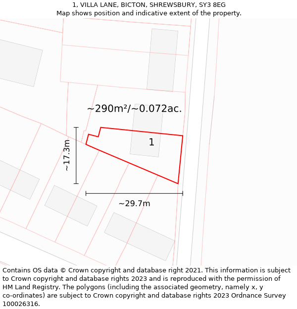 1, VILLA LANE, BICTON, SHREWSBURY, SY3 8EG: Plot and title map