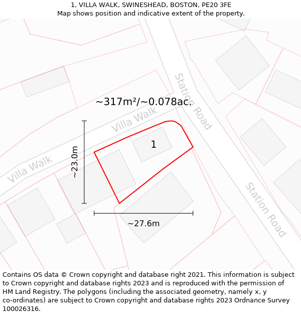 1, VILLA WALK, SWINESHEAD, BOSTON, PE20 3FE: Plot and title map