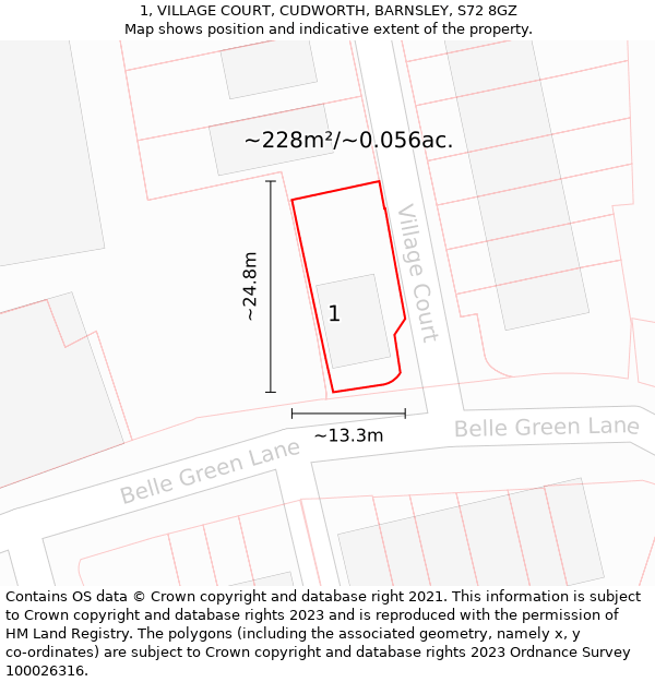 1, VILLAGE COURT, CUDWORTH, BARNSLEY, S72 8GZ: Plot and title map