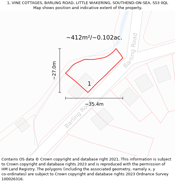 1, VINE COTTAGES, BARLING ROAD, LITTLE WAKERING, SOUTHEND-ON-SEA, SS3 0QL: Plot and title map