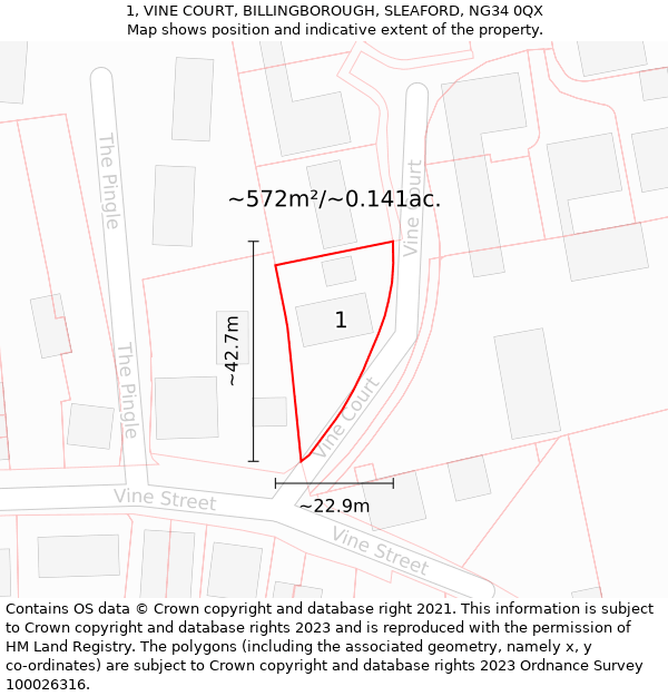 1, VINE COURT, BILLINGBOROUGH, SLEAFORD, NG34 0QX: Plot and title map