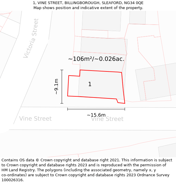 1, VINE STREET, BILLINGBOROUGH, SLEAFORD, NG34 0QE: Plot and title map