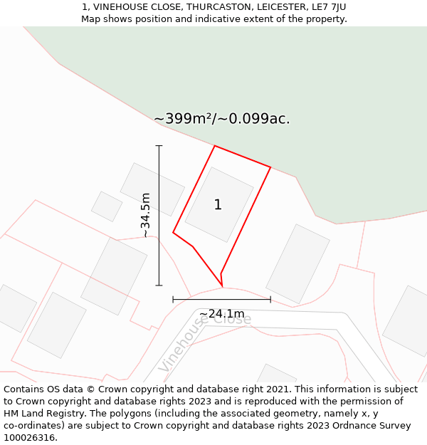 1, VINEHOUSE CLOSE, THURCASTON, LEICESTER, LE7 7JU: Plot and title map