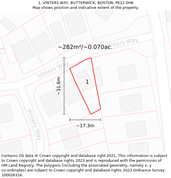 1, VINTERS WAY, BUTTERWICK, BOSTON, PE22 0HB: Plot and title map