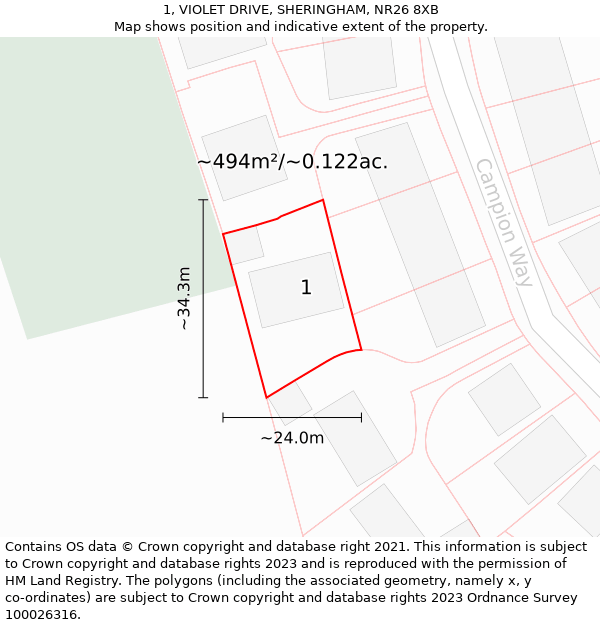 1, VIOLET DRIVE, SHERINGHAM, NR26 8XB: Plot and title map