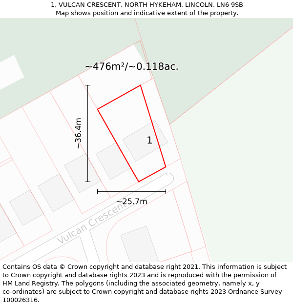 1, VULCAN CRESCENT, NORTH HYKEHAM, LINCOLN, LN6 9SB: Plot and title map