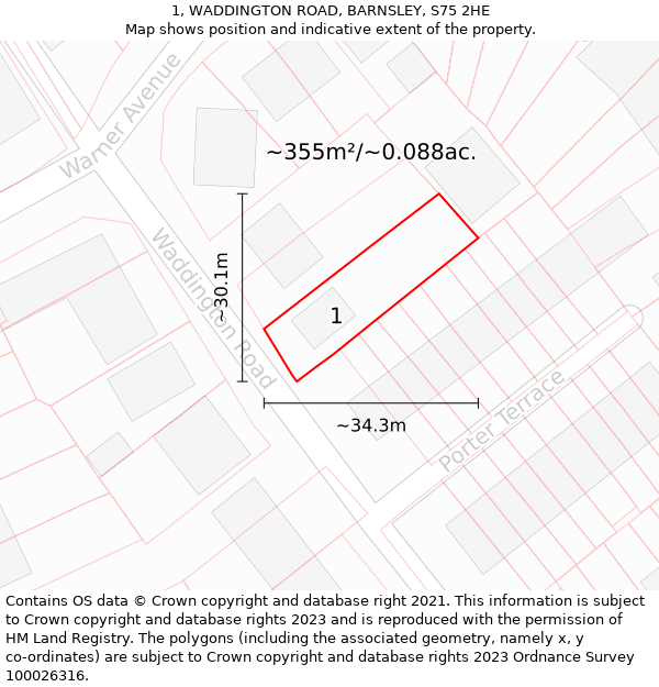 1, WADDINGTON ROAD, BARNSLEY, S75 2HE: Plot and title map