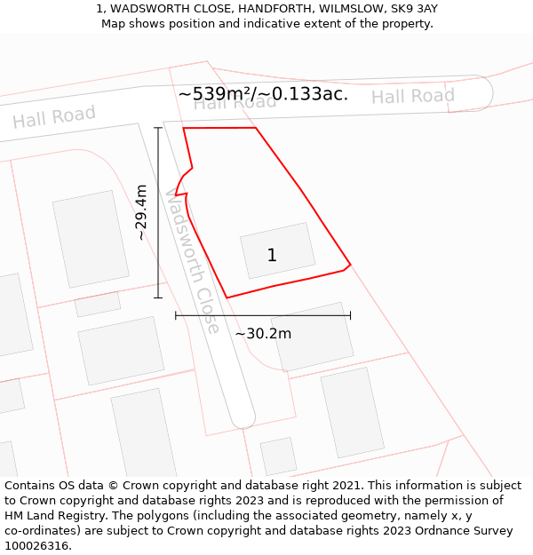 1, WADSWORTH CLOSE, HANDFORTH, WILMSLOW, SK9 3AY: Plot and title map