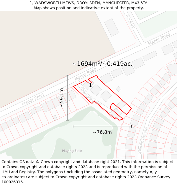 1, WADSWORTH MEWS, DROYLSDEN, MANCHESTER, M43 6TA: Plot and title map