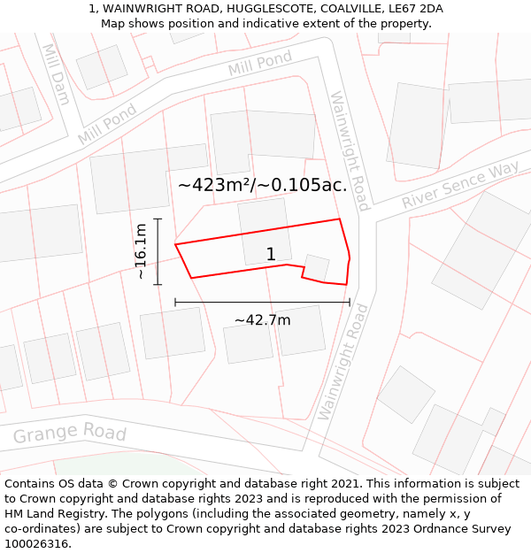 1, WAINWRIGHT ROAD, HUGGLESCOTE, COALVILLE, LE67 2DA: Plot and title map