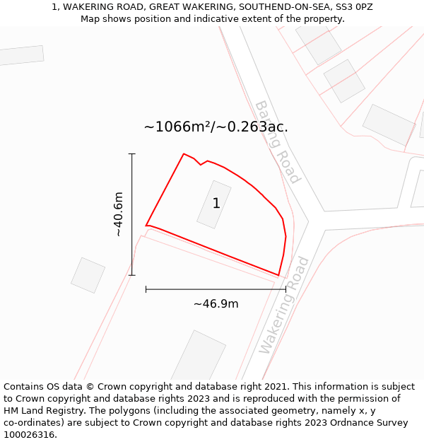 1, WAKERING ROAD, GREAT WAKERING, SOUTHEND-ON-SEA, SS3 0PZ: Plot and title map