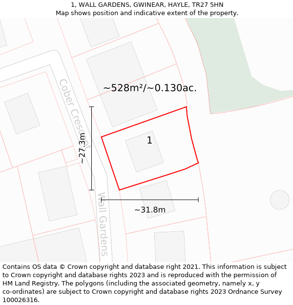 1, WALL GARDENS, GWINEAR, HAYLE, TR27 5HN: Plot and title map