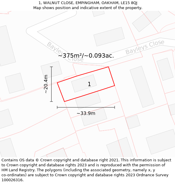 1, WALNUT CLOSE, EMPINGHAM, OAKHAM, LE15 8QJ: Plot and title map