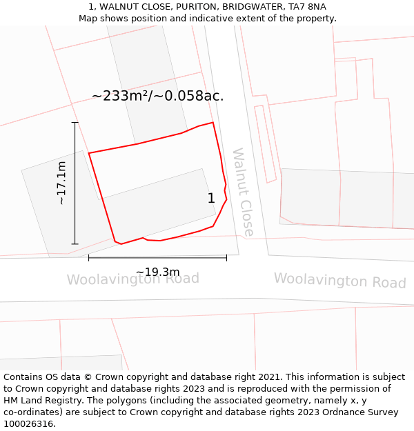 1, WALNUT CLOSE, PURITON, BRIDGWATER, TA7 8NA: Plot and title map