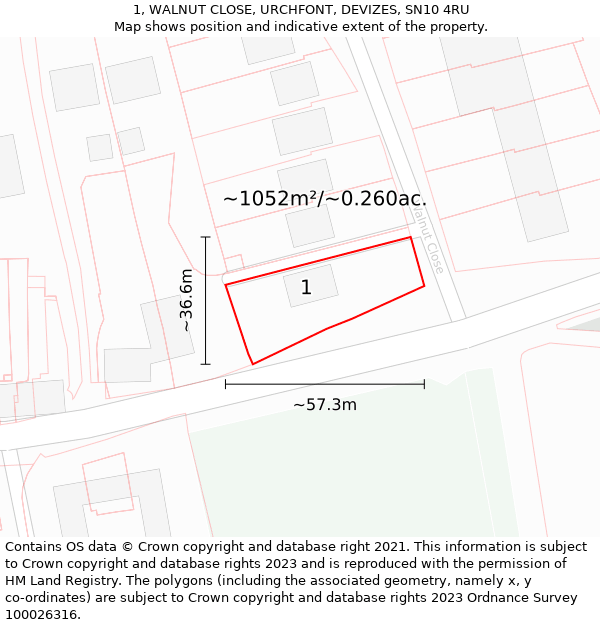 1, WALNUT CLOSE, URCHFONT, DEVIZES, SN10 4RU: Plot and title map